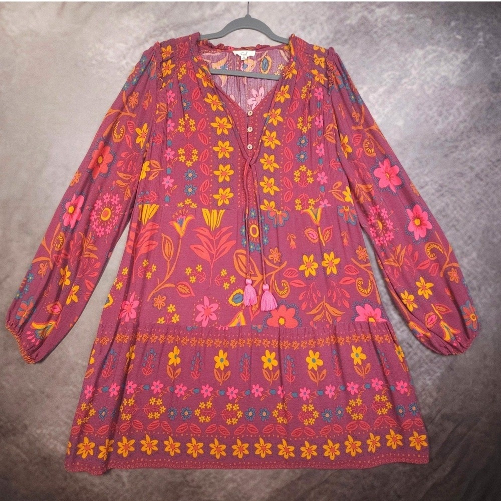 Romantic Nomad Whimsy Floral‎ Print Tiered Peasant Tunic Dress Plum Womens M